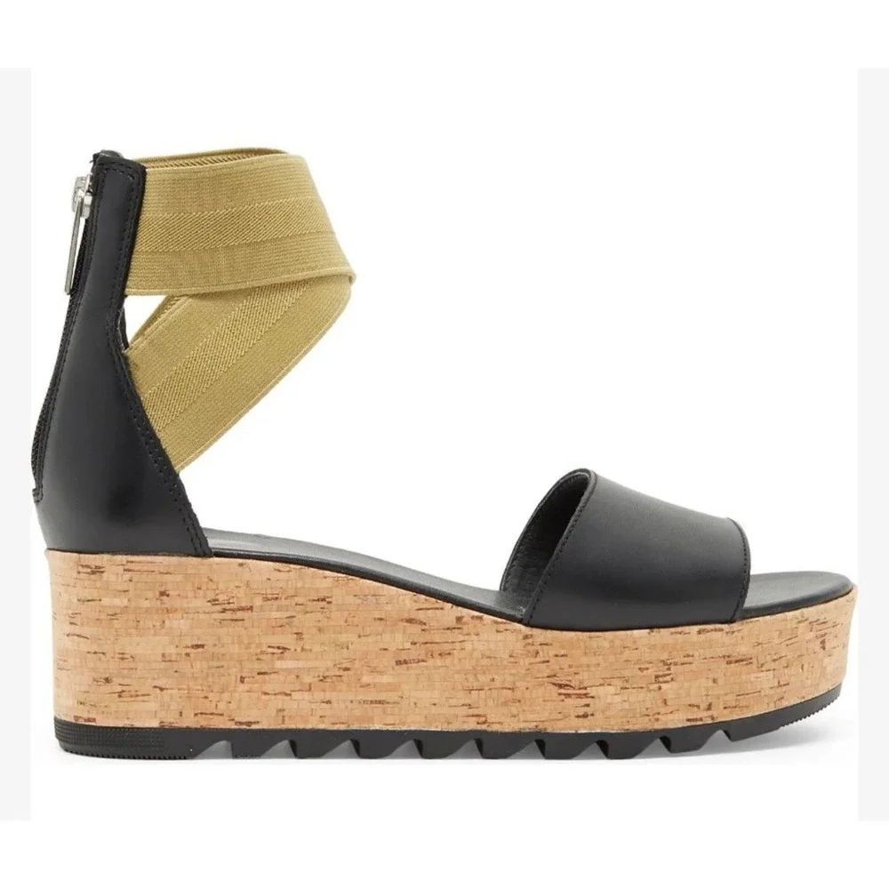 Sorel‎ Cameron Flatform Ankle Strap Wedge Sandals Leather Black Olive Size 8